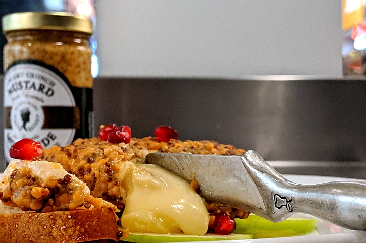 Baked Brie Enrobed with Queen Mary Creamy Crunch Mustard